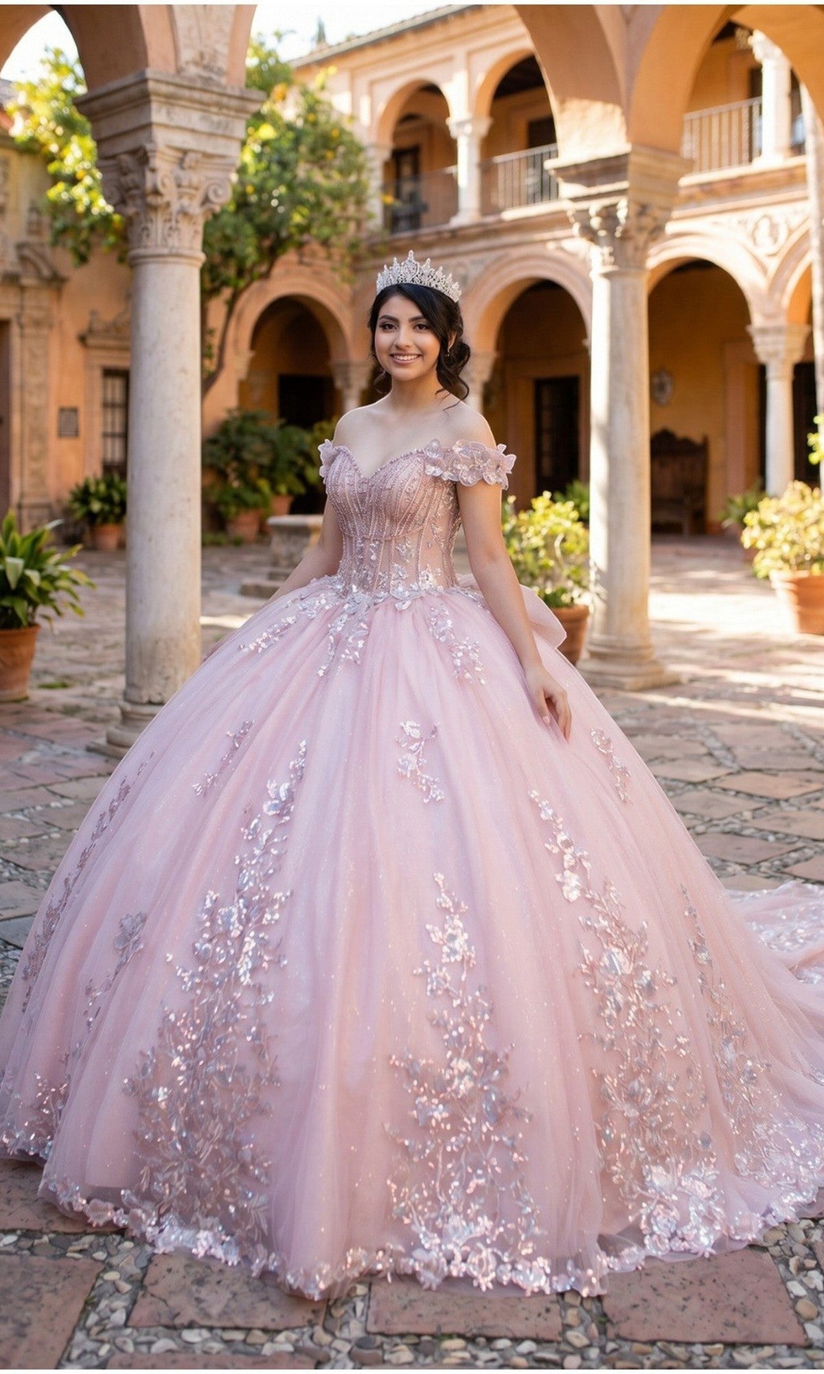 A young woman poses in a courtyard, wearing the Quinceanera Dress 8370J by Cinderella Couture in shimmering rosegold, featuring delicate floral appliques and an elegant illusion corset bodice, and crowned with a tiara.